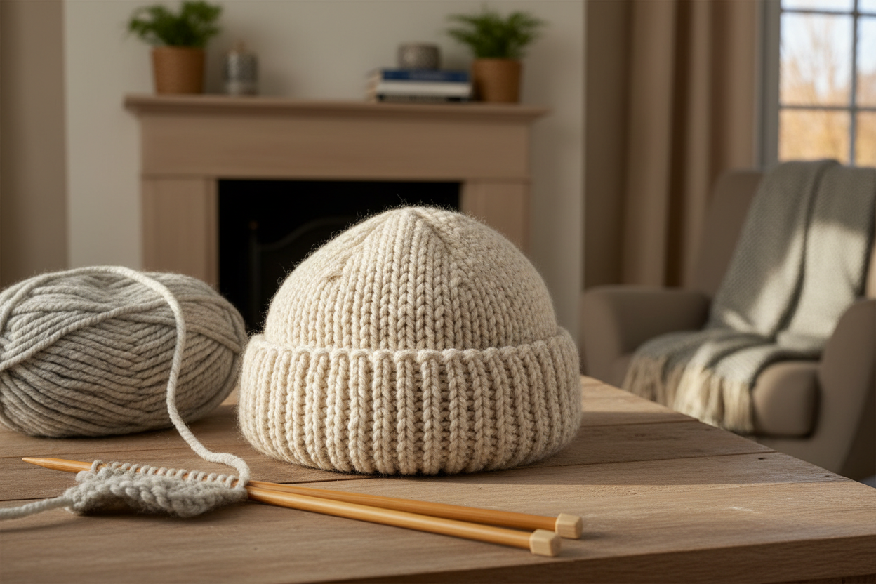 Denne gratis hueopskrift er skabt særligt til dig, der gerne vil lære at strikke, men mangler et overskueligt projekt at starte med. Huen strikkes i tykt garn, hvilket gør arbejdet både nemmere, hurtigere og mere tilfredsstillende – du kan faktisk blive færdig på én aften!