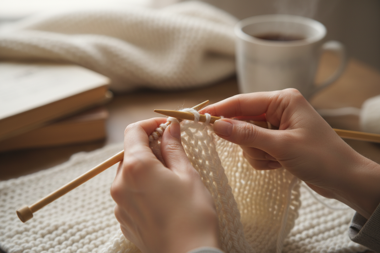 The image shows a close-up of a woman's hands as she is knitting. Her fingers are gently holding a pair of knitting needles, guiding the yarn with precision and care. The soft thread loops neatly around the needles, capturing the calm and focused moment of creating something handmade